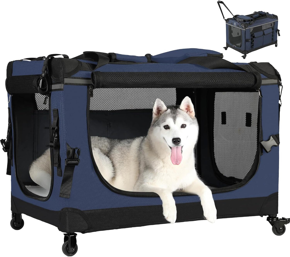 30IN Soft Collapsible Dog Crate w Detachable Wheels, Rolling Travel Dog Crate for Medium Breed