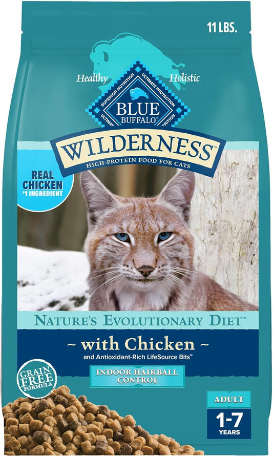 Blue Buffalo Wilderness High-Protein, Grain-Free Natural Dry Food for Adult Cats, Indoor Hairball
