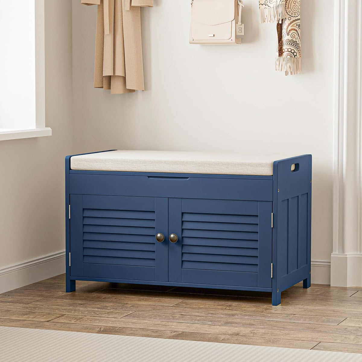 Shoe Storage Bench with Lift Top Storage, Entryway Bench with Cushioned Seat, Adjustable Shelf, 2