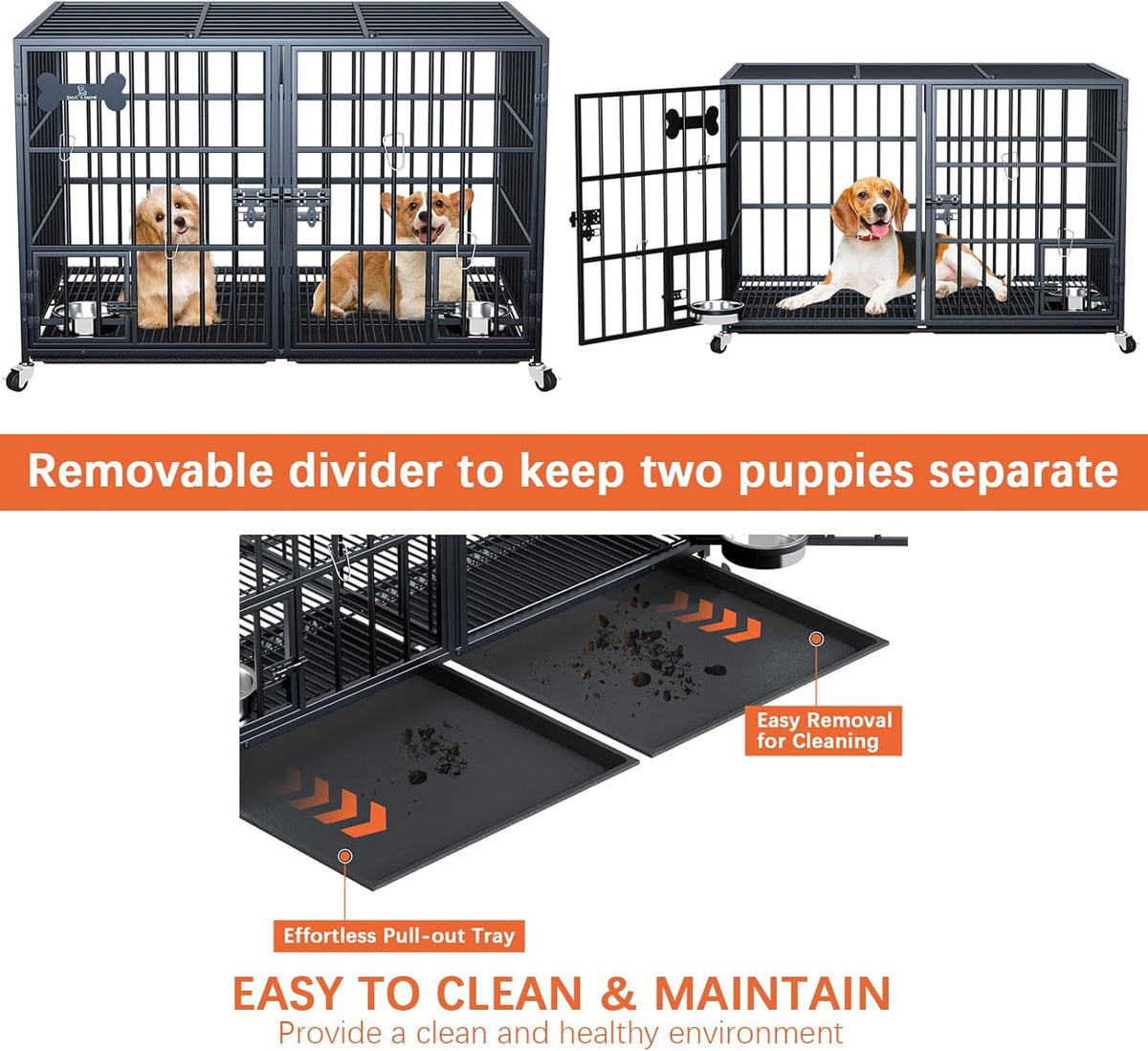 aboxoo 42/48 inch Heavy Duty Metal Dog Crate for 2 Dogs/Large Dog,All Metal Open Top Stackable,Dog