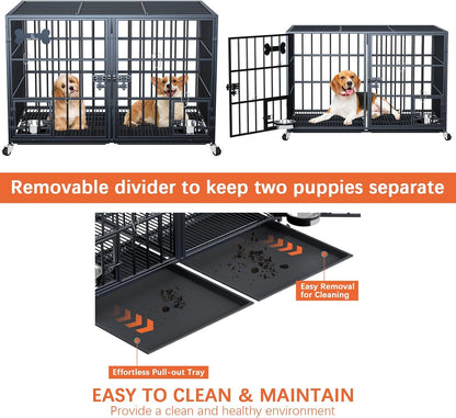aboxoo 42/48 inch Heavy Duty Metal Dog Crate for 2 Dogs/Large Dog,All Metal Open Top Stackable,Dog