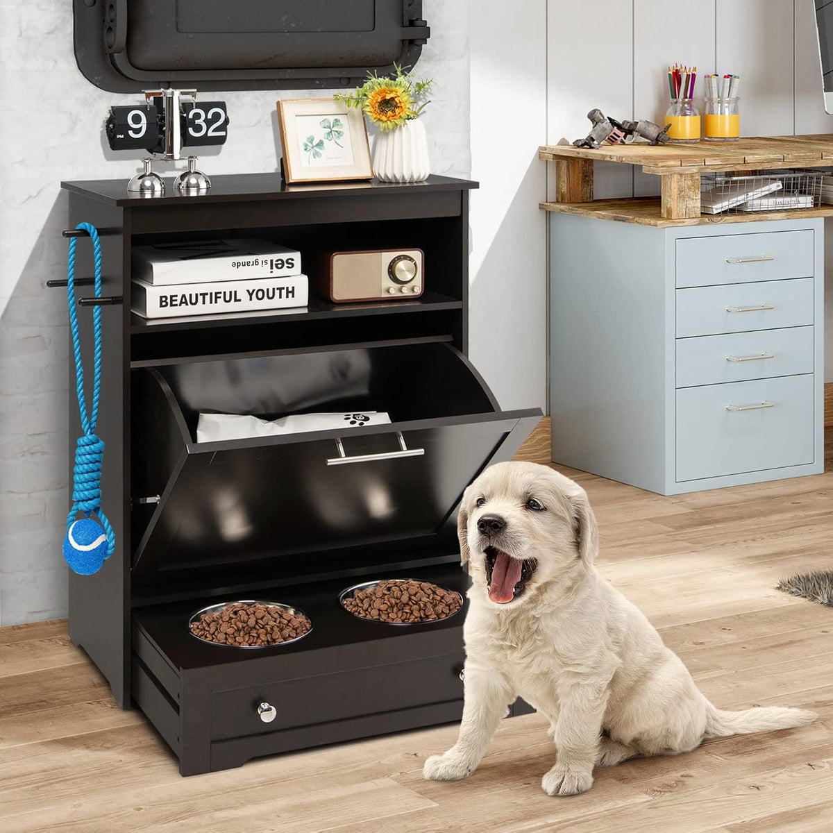 Tangkula Pet Feeder Station, Dog Food Storage Container With Double Pull Out Bowls, Food Toy