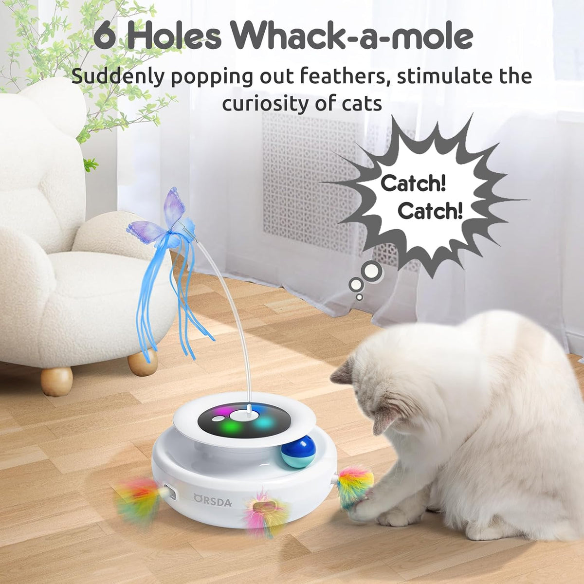 ORSDA Cat Toy, 3-in-1 Automatic Interactive Electronic Moving Ambush Feather, Fluttering Butterfly