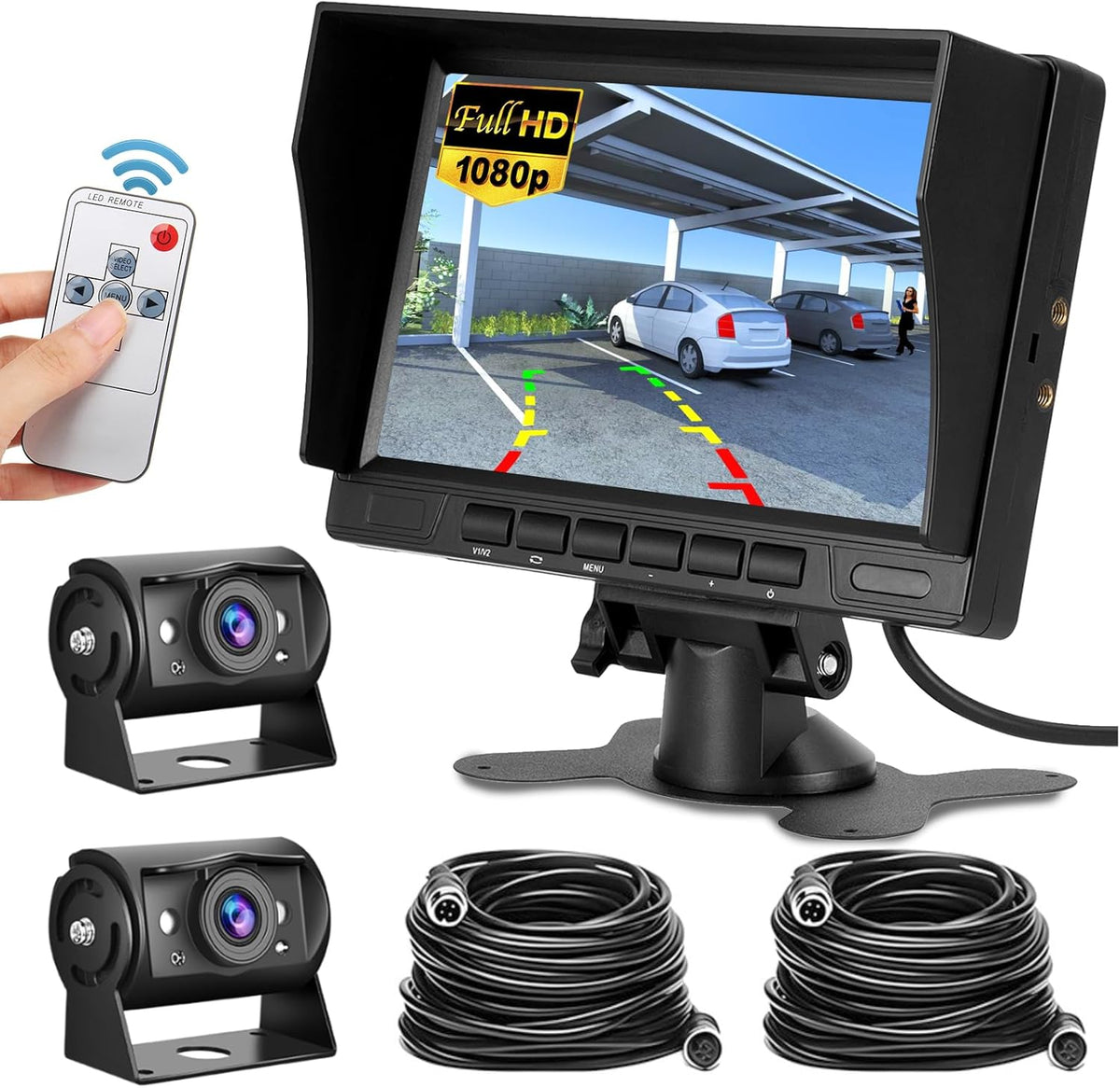 Hikity Dual Backup Camera Monitor Kit, 7'' 1080P RV Reverse Camera System for Trucks, SUV, Bus