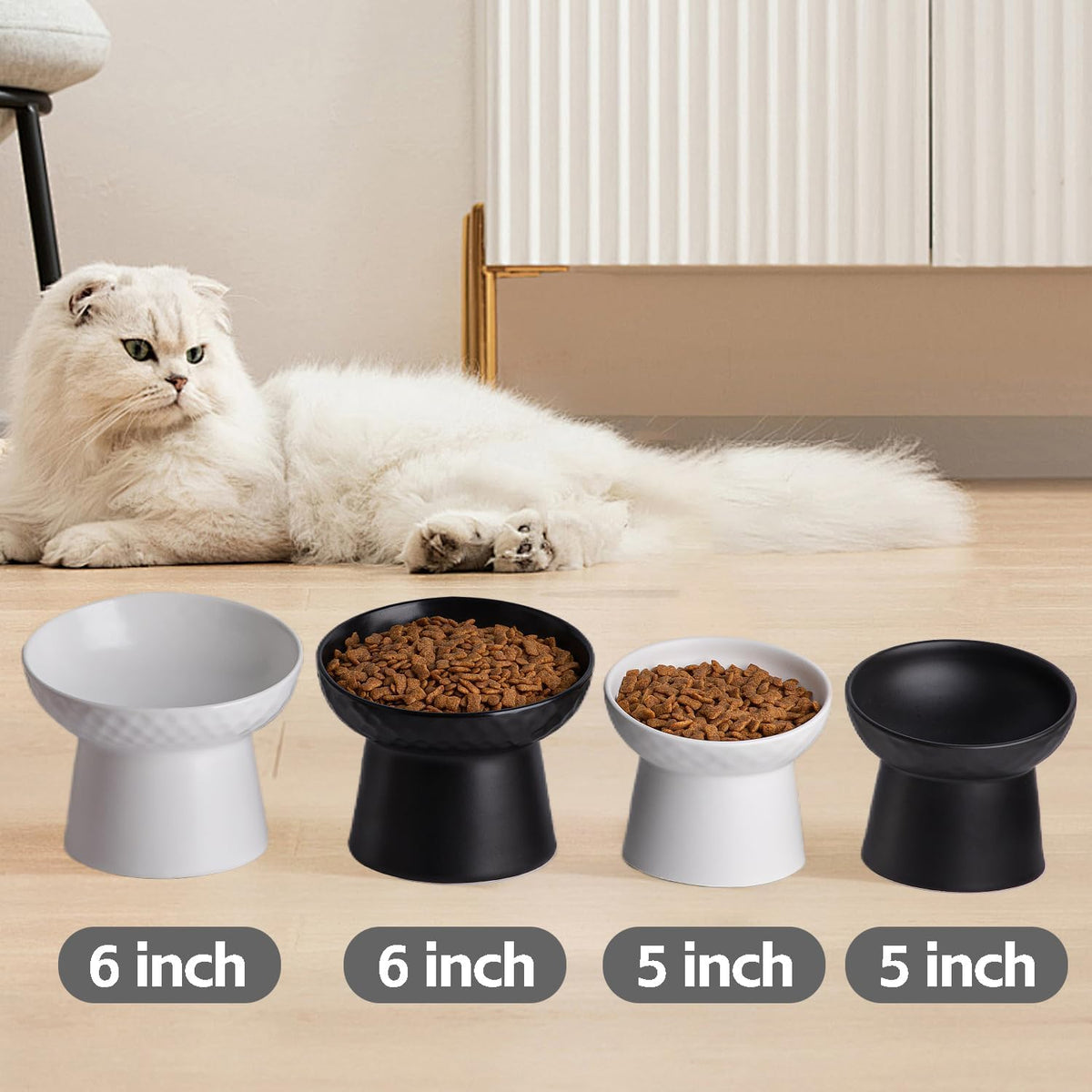 Ceramic Raised Cat Bowls, Elevated Tilted Cat Food and Water Bowls Set, Porcelain Stress Free Pet