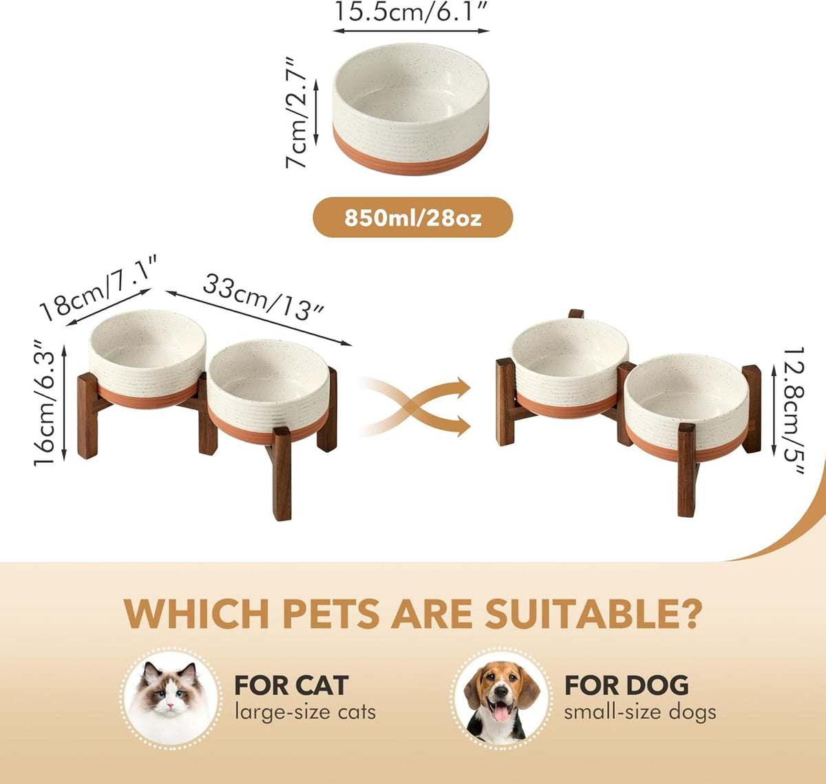 Ceramic 6.1inch Raised Double Dog Bowls Set with Acacia Wood Stand, 2 Heights Elevated, Food &