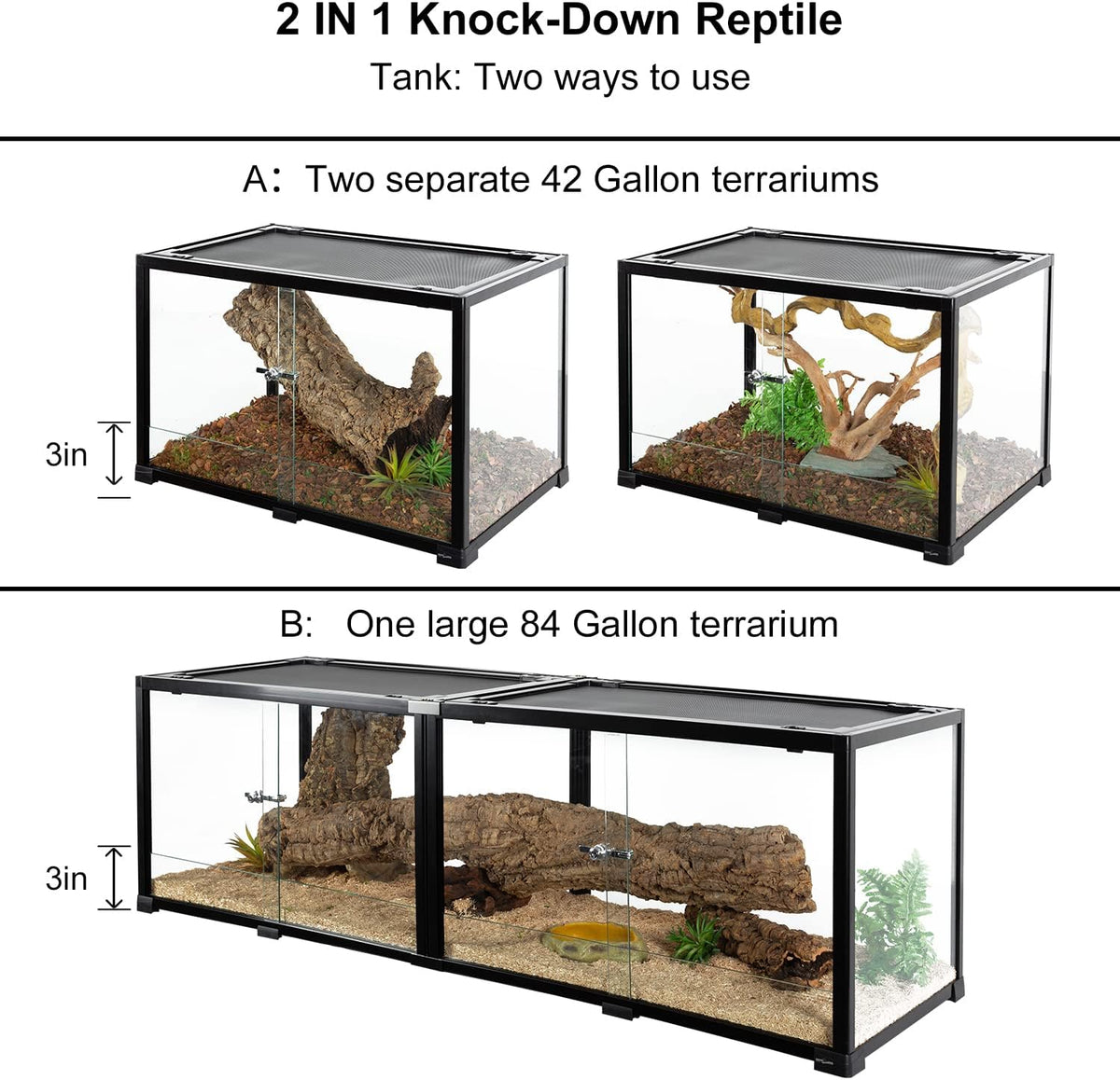 REPTIZOO 84 Gallon Large Reptile Terrarium Extra-Long 60" x 18" x 18" Spliceable Glass Reptile