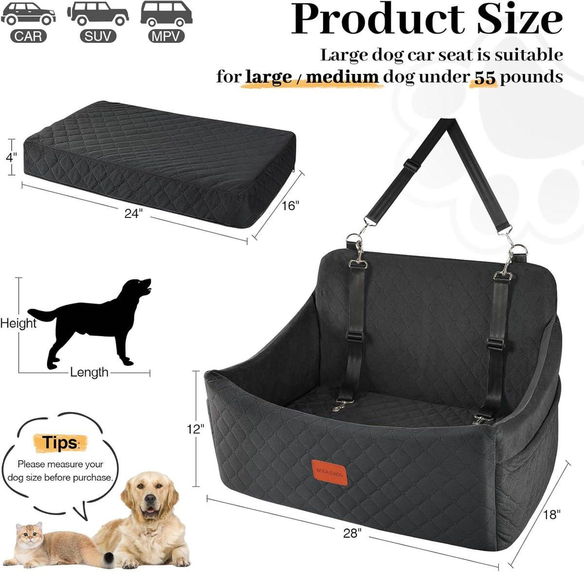 Dog Car Seat for Medium & Large Dogs Up to 55lbs, Memory Foam Cushion, Washable Cover, Safety