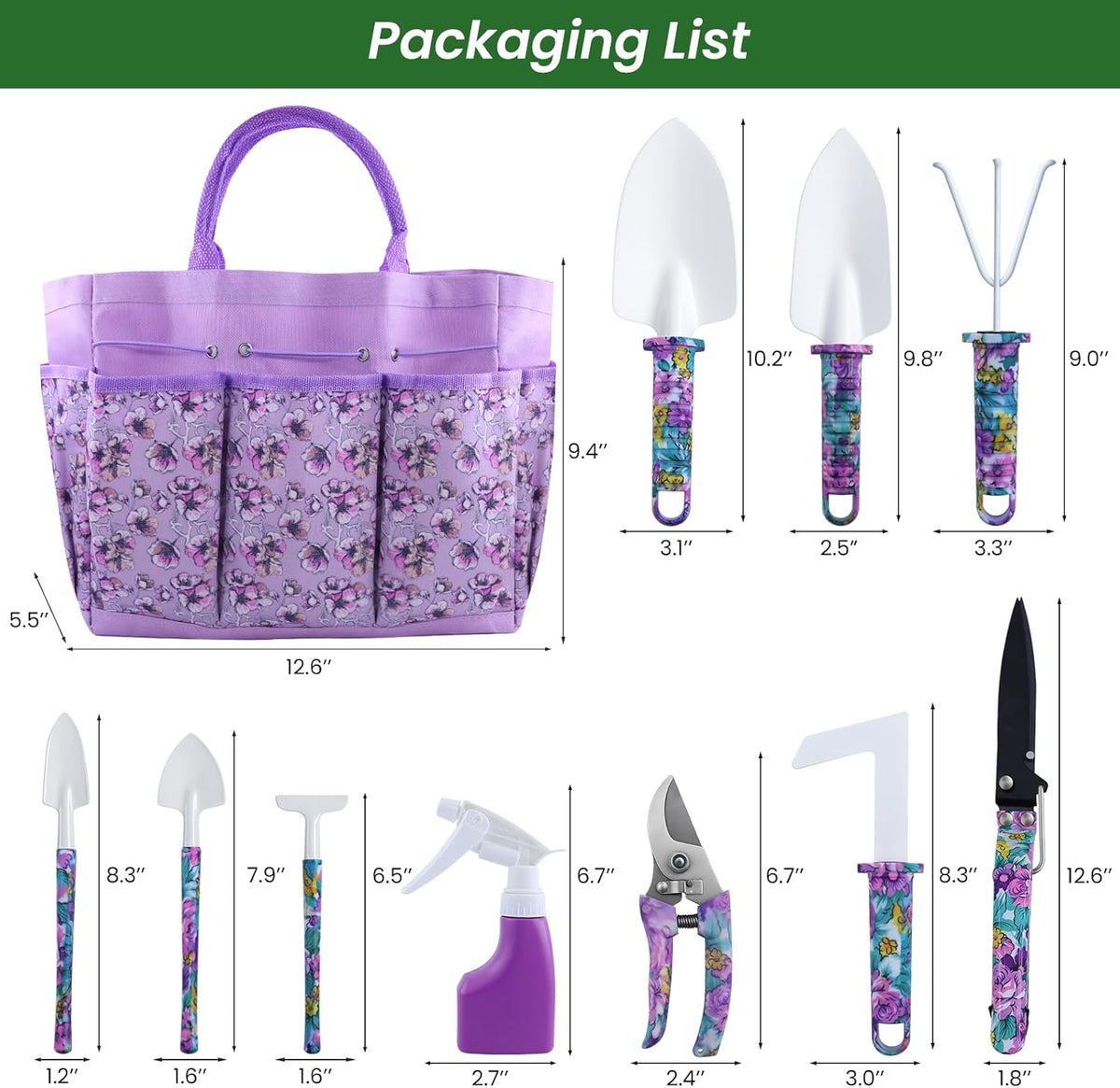 Gardening Tool Set 10-Piece, Heavy Duty Garden Tool Set with Purple Floral Tote Bag and Gift Box