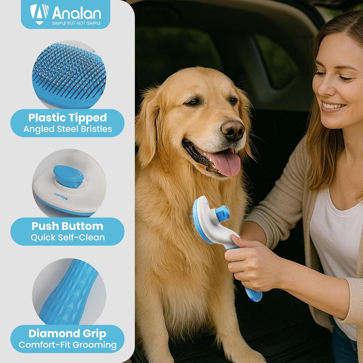 3 in 1 Analan Cat Brush Pet Hair Remover for Dog & Cat, Self-Cleaning Slicker Brush for Pet