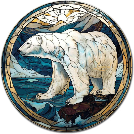 Lygond Metal Sign Tin Sign Circular Stained Glass Polar Bear3 Bar Signs For Home Bar For Yard 12×12