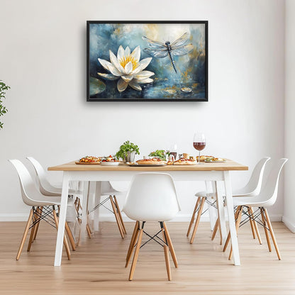 Extra Large Lotus Dragonfly Framed Wall Art for Living Room,Abstract Blue Lotus Flower Lake
