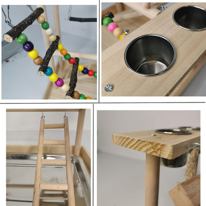Hamiledyi Parrots Playground Bird Play Gym Wood Perch Stand Colours Climb Ladders Swing Chewing