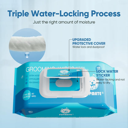 Natural Pet Grooming Wipes, 100 Fresh Counts, Extra Moist & Thick for Dogs & Cats, Puppies &