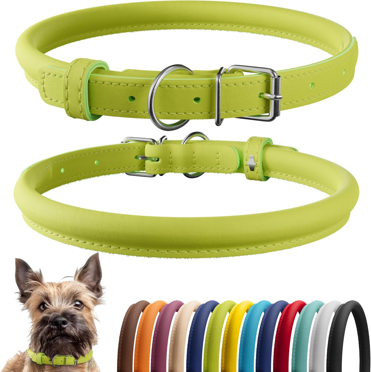 CollarDirect Rolled Leather Dog Collar, Soft Padded Round Puppy Collar, Handmade Genuine Leather