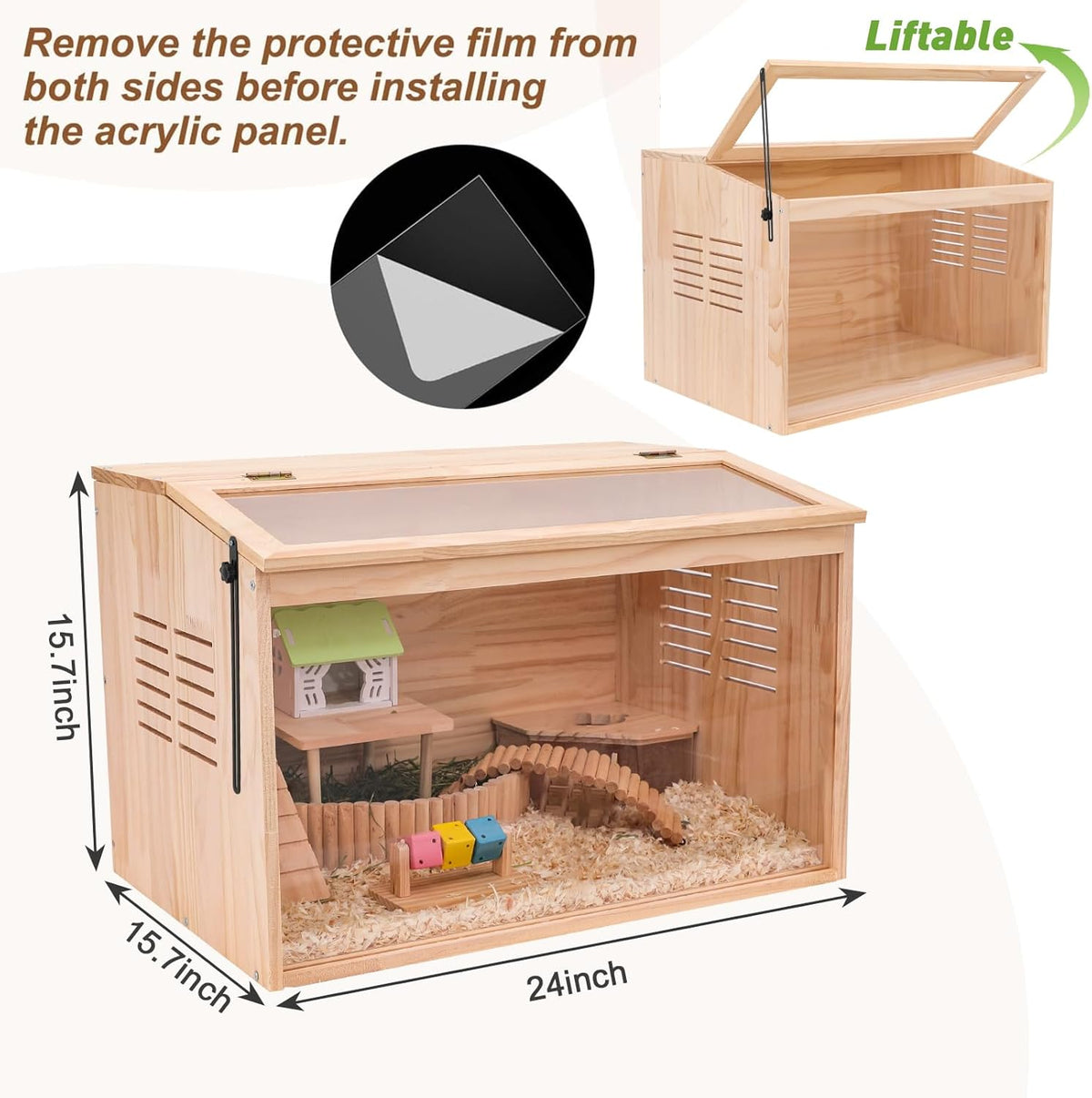 Wooden Hamster Cage,24" Lx16 Wx16 H,Animal Cabinet for Dwarf Syrian Hamsters Degus, Hamster Habitat