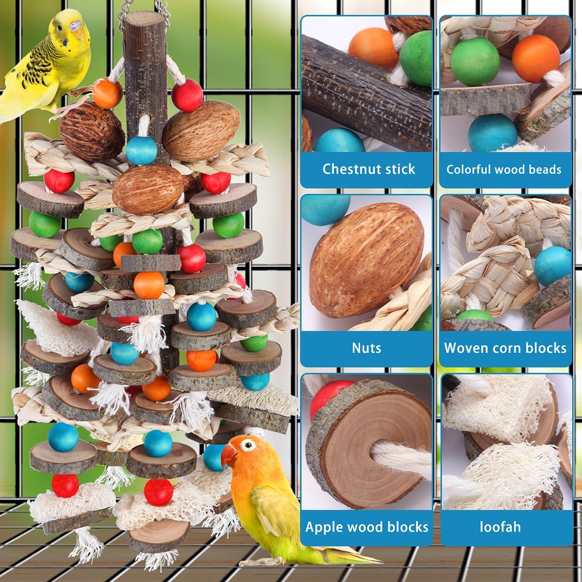BBjinronjy Large Parrot Toys Bird Chewing Toys-Natural Nuts Corn Loofah Wooden Bird Cage Toy for