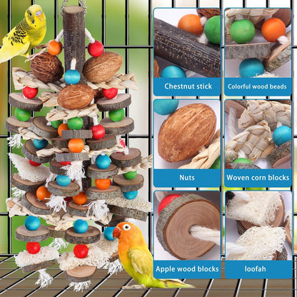 BBjinronjy Large Parrot Toys Bird Chewing Toys-Natural Nuts Corn Loofah Wooden Bird Cage Toy for