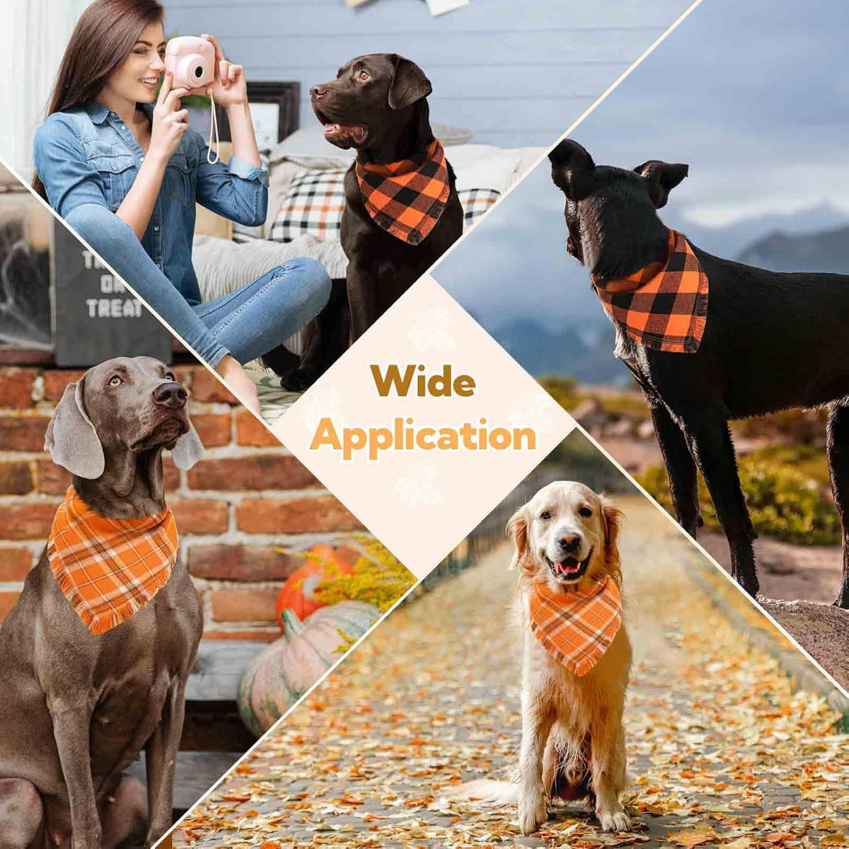 Kytely Dog Bandana Fall XLarge 2Pack, Halloween Autumn Dog Bandanas, Orange Plaid Pet Scarf for Boy