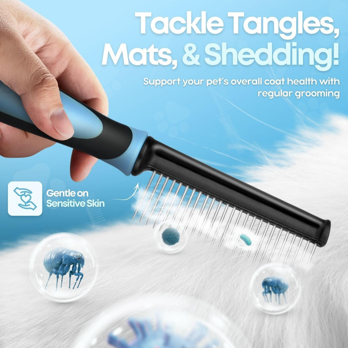 Flexzion Metal Pet Comb for Cats & Dogs - Sturdy Stainless Steel Rounded Teeth with Non-Slip Soft