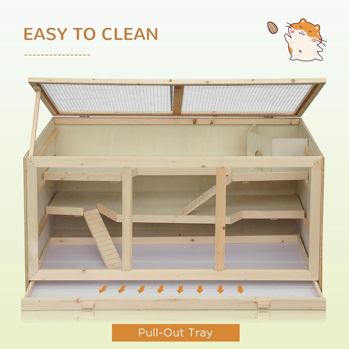 PawHut 45" Extra Large Wooden Hamster Cage, 3-Layer Chewproof Rat Cage with Opening Roof, Hut
