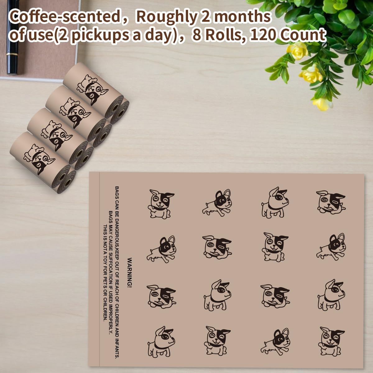 Coffee Dog Poo Bags Coffee scent - 120 Large Biodegradable Poop Bags, Extra Thicken Strong Corn