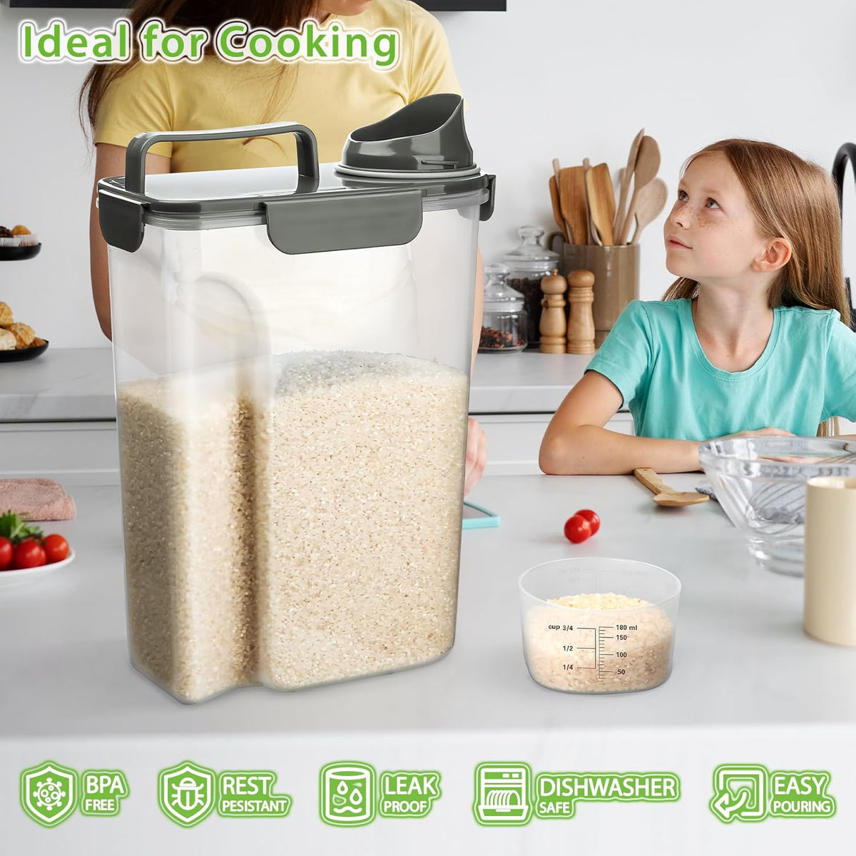 Rice Storage Container, 5 to 10lb Dry Food Airtight Dispenser, Pet Dog Cat Food Canister, BPA Free