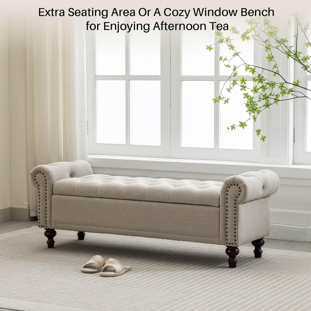 58.1'' Storage Bench Upholstered Linen End of Bedroom Bed Bench Ottoman with Tufted Cushioned