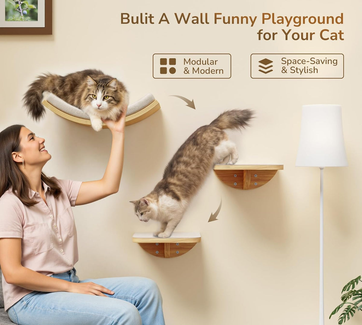 Wood Cat Wall Shelf with Soft Foam Cushion, Curved Cats Wall Bed for Large Cats, Floating Cat Perch