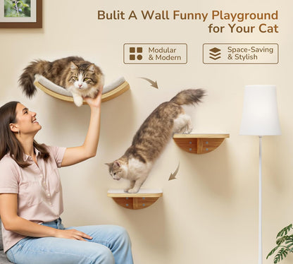 Wood Cat Wall Shelf with Soft Foam Cushion, Curved Cats Wall Bed for Large Cats, Floating Cat Perch