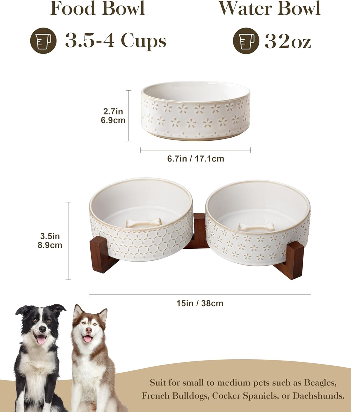 MALACASA Dog Bowl Set with Walnut Wood Stand, 3.5 Cups Ceramic Pet Bowls for Puppy Dogs, Dual Food