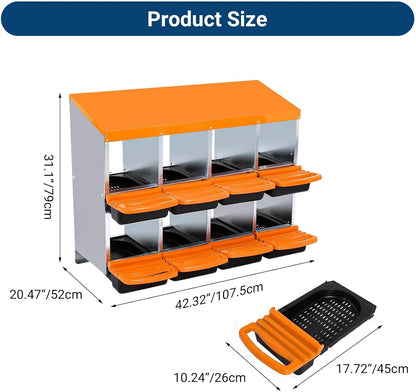 Chicken Nesting Boxes, 8 Hole Metal Chicken Laying Box with with Removable Trays and Roll Out Egg