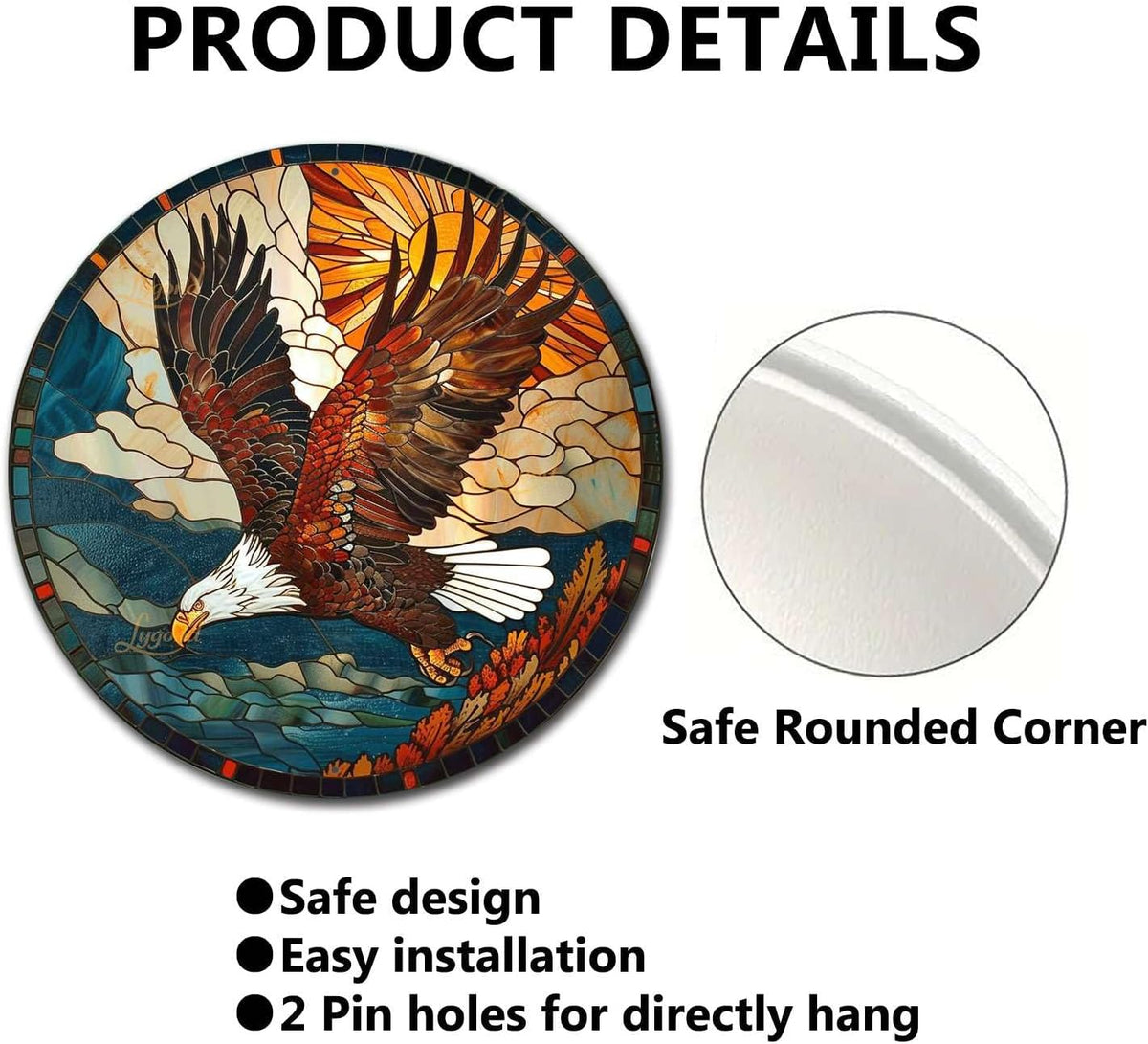 Lygond Metal Sign Tin Sign Circular Stained Glass American Bald Eagle Tin Signs for Garden for Gift