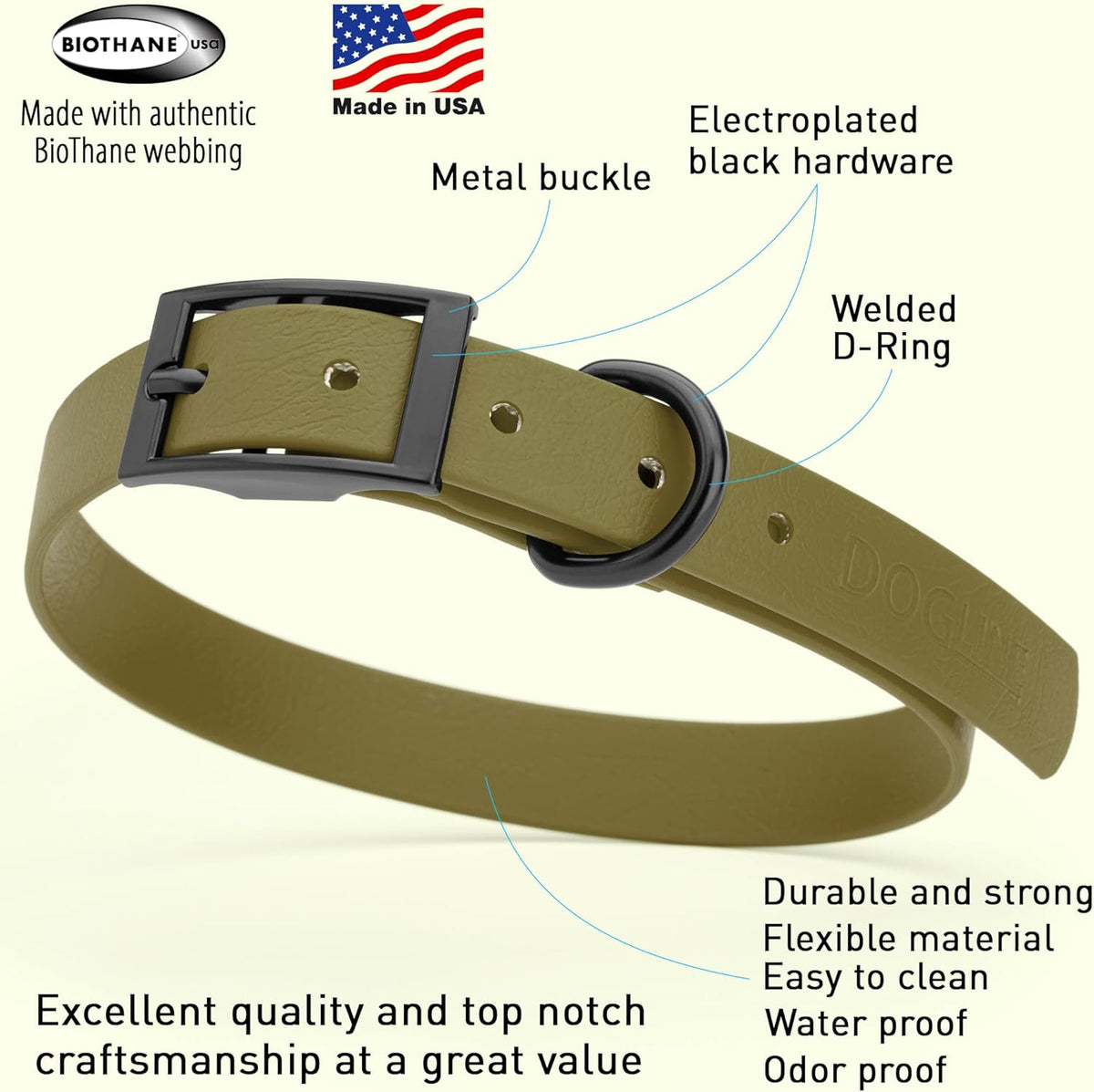 Dogline Biothane Waterproof Dog Collar Strong Coated Nylon Webbing with Black Hardware Odor- Proof
