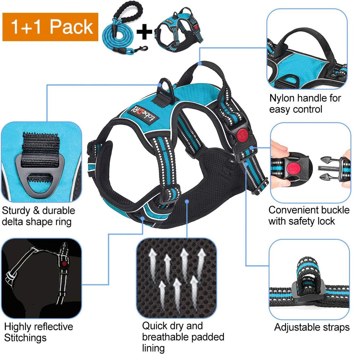 No Pull Dog Harness Adjustable Reflective Oxford Easy Control Medium Large Dog Harness with A Free