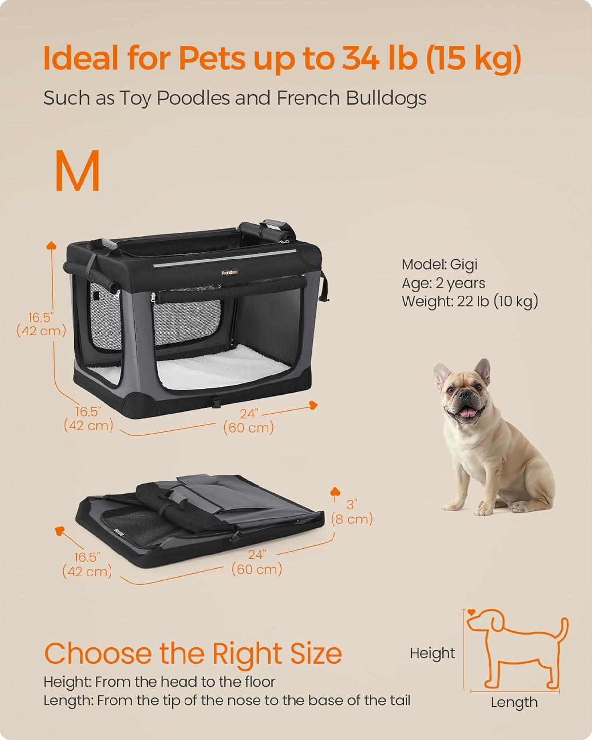 Feandrea Collapsible Dog Crate, 24-Inch Portable Dog Travel Crate for Small Dogs, Oxford Fabric Pet