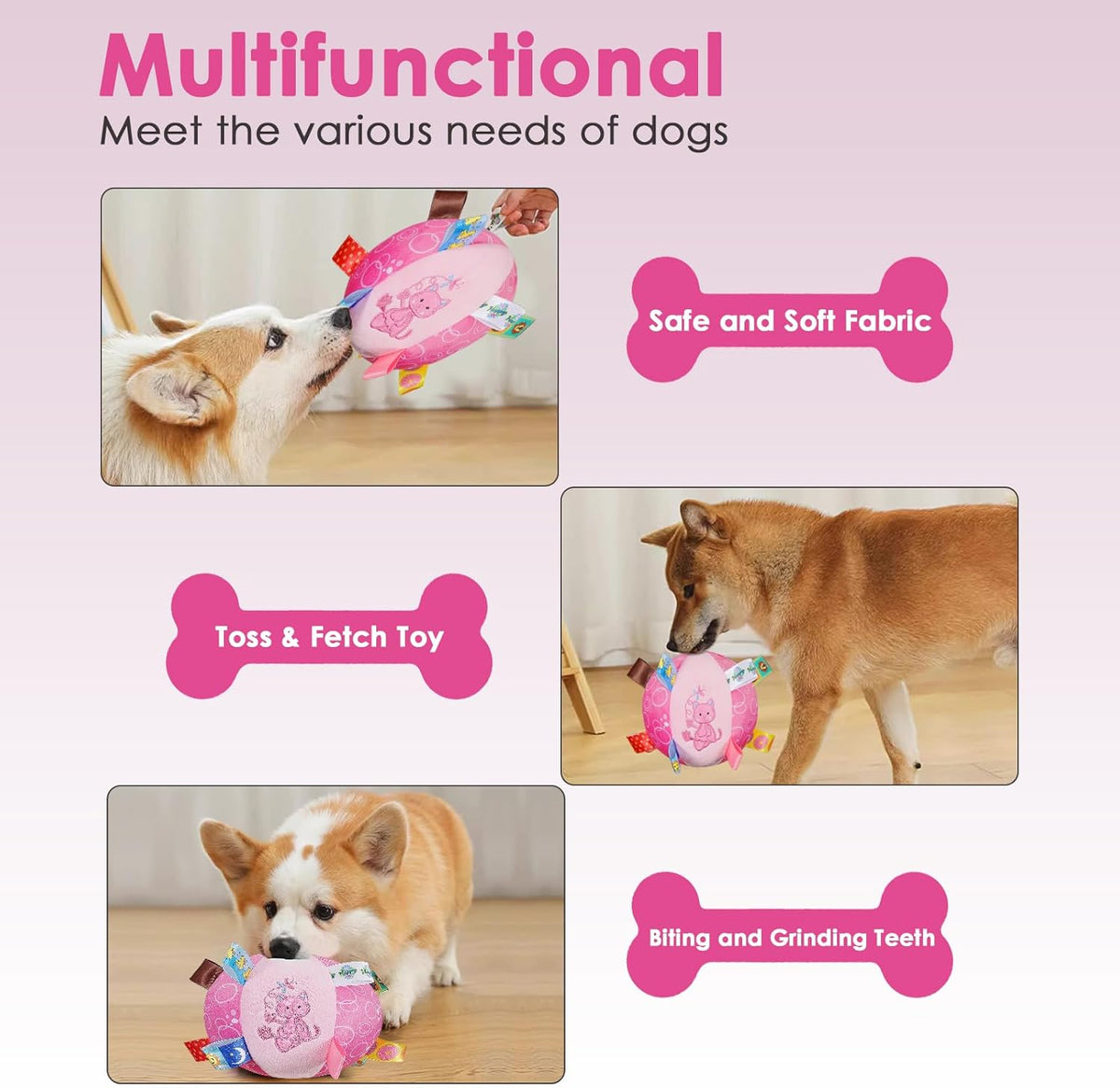 Dog Squeaky Plush Toy with Straps, 6-Inch Soft Stuffed Ball with Cotton Material and Bell Built-in