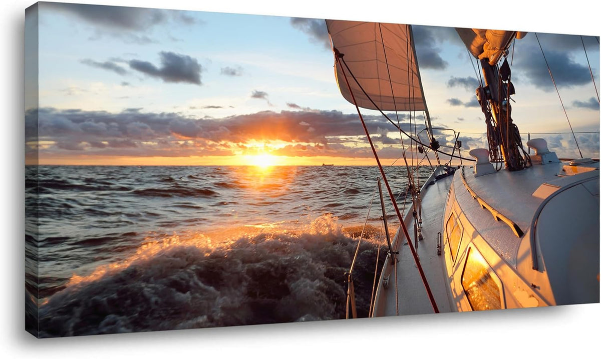 Yacht Sailing in Sea at Sunset Scenery Canvas Wall Art for Living Room Bathroom,Close-up View of