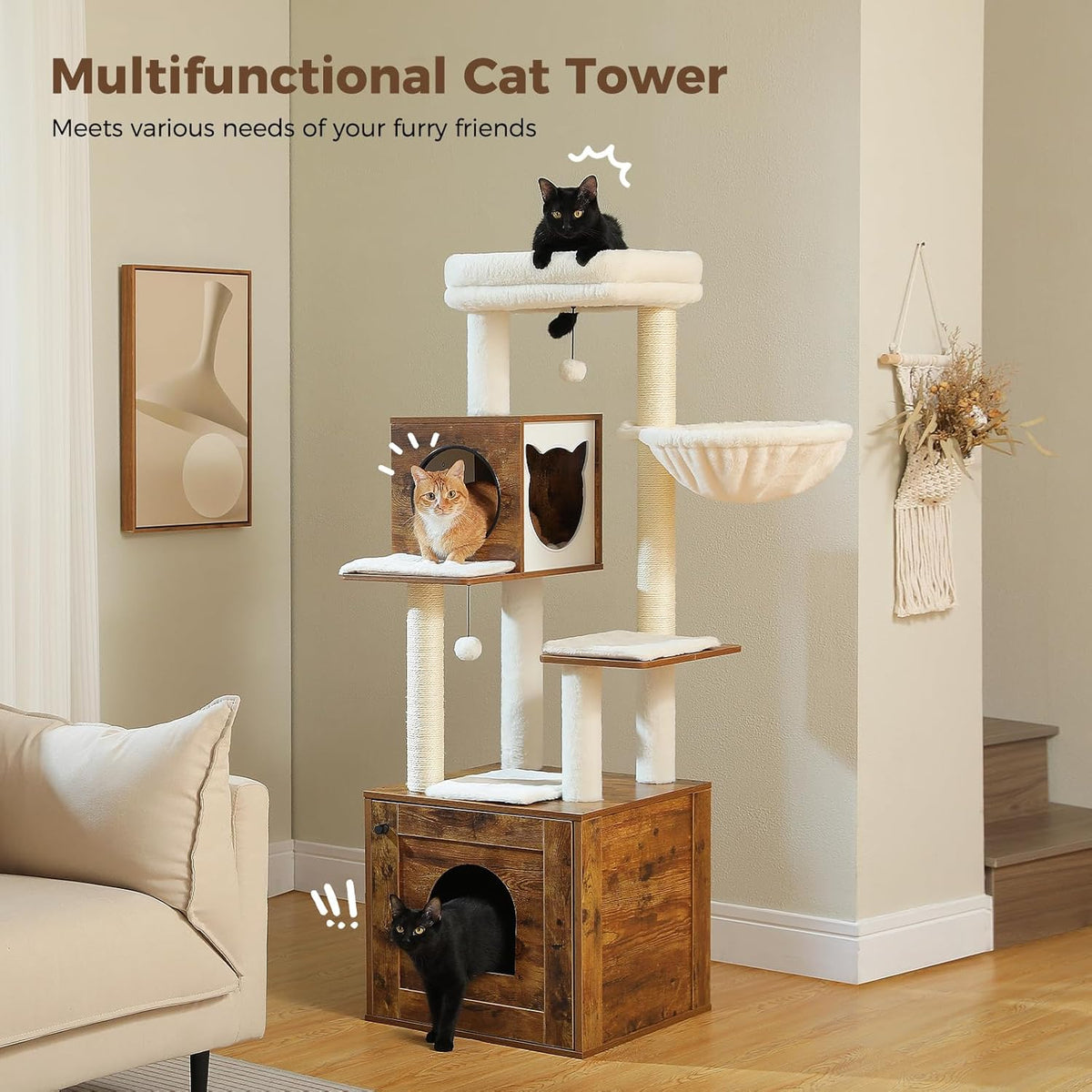 Tall Cat Tree with Litter Box Enclosure 57.5" Wooden Cat Tower for Large Cats with Cat Hammock