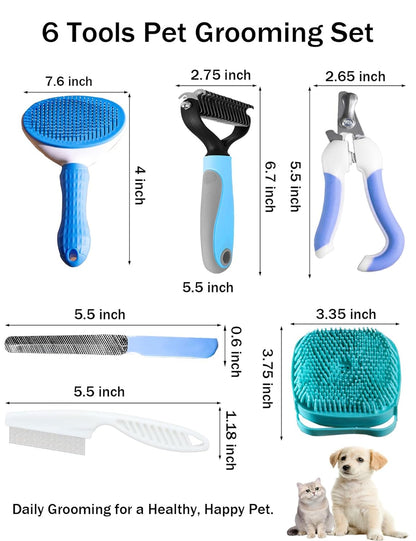 6ps Dog Cat Brush Grooming Kitf, Dog Cat Brushes, Bath Brush, Dematting Rake and Comb, Nail