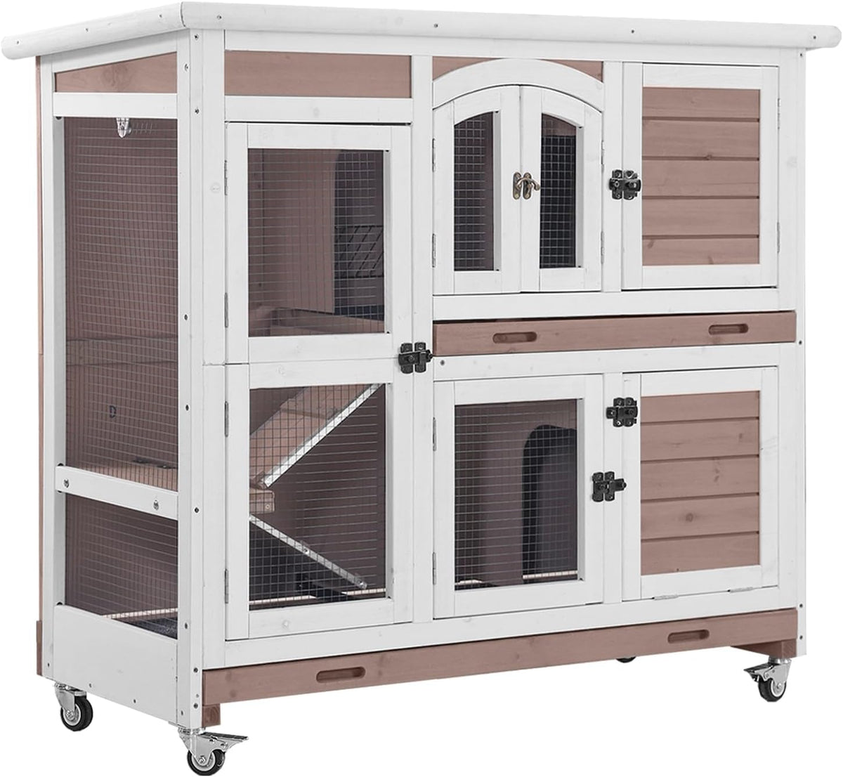 Aivituvin Rabbit Hutch Indoor, Bunny Cage with Wheels, 2-Story Design, 2 Deep Trays, Anti Slip