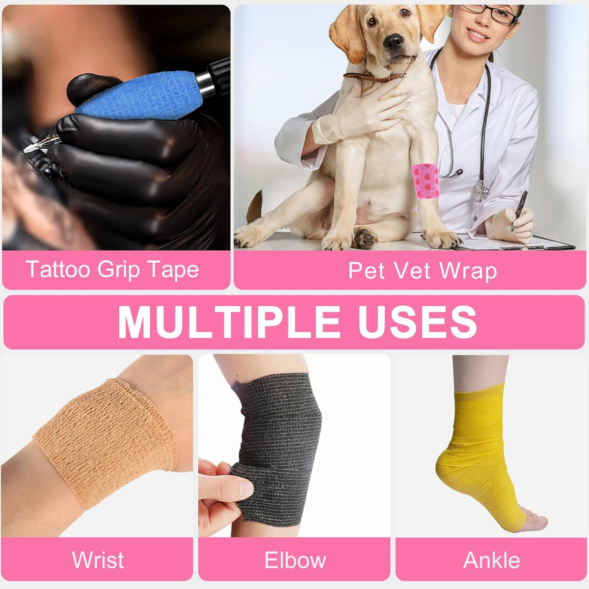 24 Pack Self Adhesive Vet Wrap & Medical Tape, 2 Inch x 5 Yards Cohesive Bandage Wrap - Pink Heart