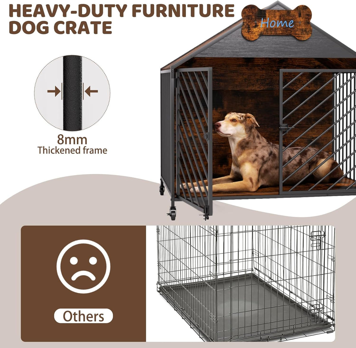Furniture-Style Dog Crate with Gable Roof Design, Double Locking Doors Indoor Kennel for Small &
