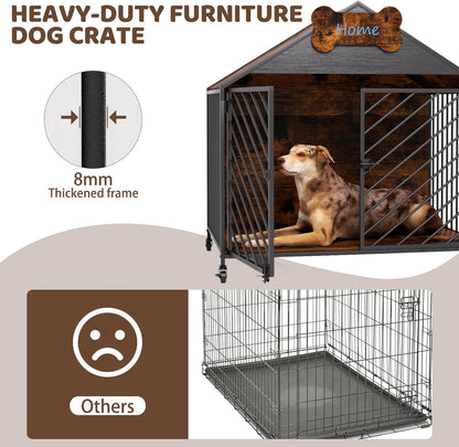 Furniture-Style Dog Crate with Gable Roof Design, Double Locking Doors Indoor Kennel for Small &