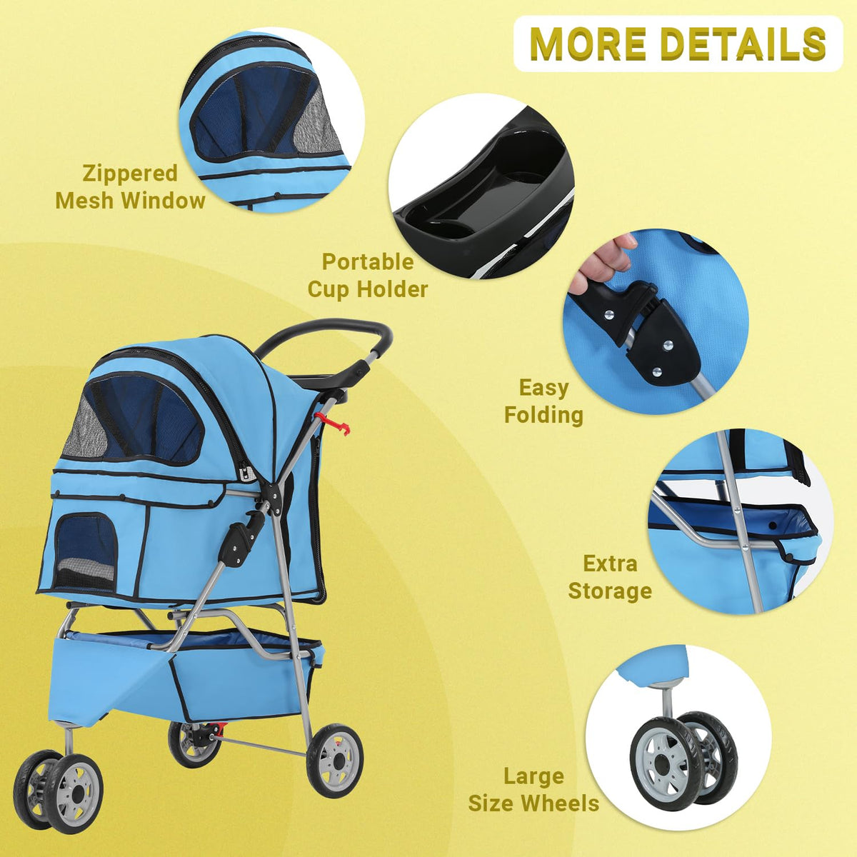 Foldable Pet Stroller for Cats and Dogs 3 Wheels Carrier Strolling Cart with Weather Cover, Mesh
