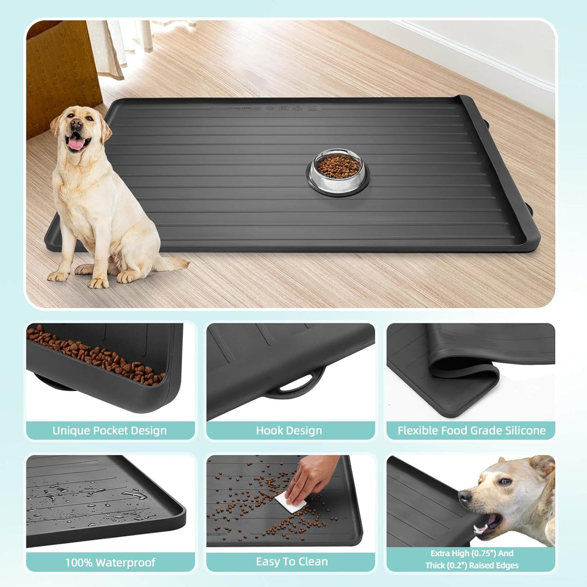 Dog Mat for Food and Water - 39.4" x 27" Large Pet Feeding Mats with Residue Collection Pocket