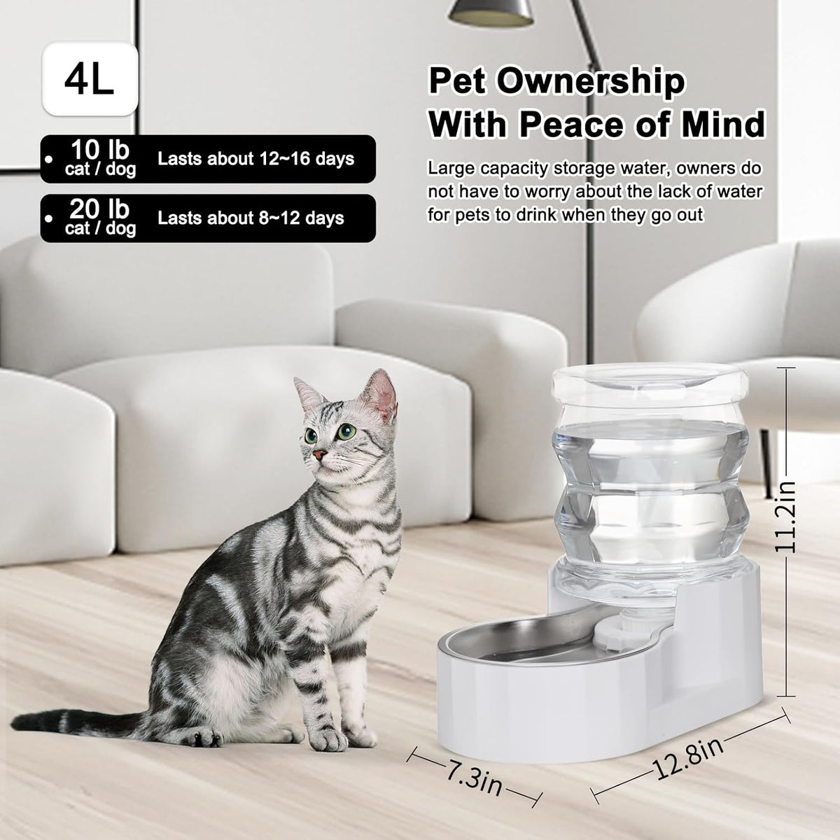 RIZZARI Pet Water Bowl Dispenser: 4L Automatic Stainless Steel Gravity Feeder - Large Capacity