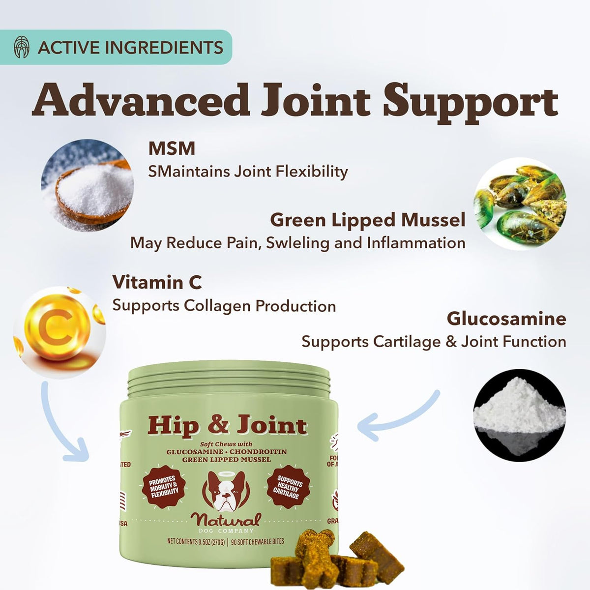 Natural Dog Company Hip & Joint Chews, Chicken Liver & Turmeric Flavor, with Glucosamine