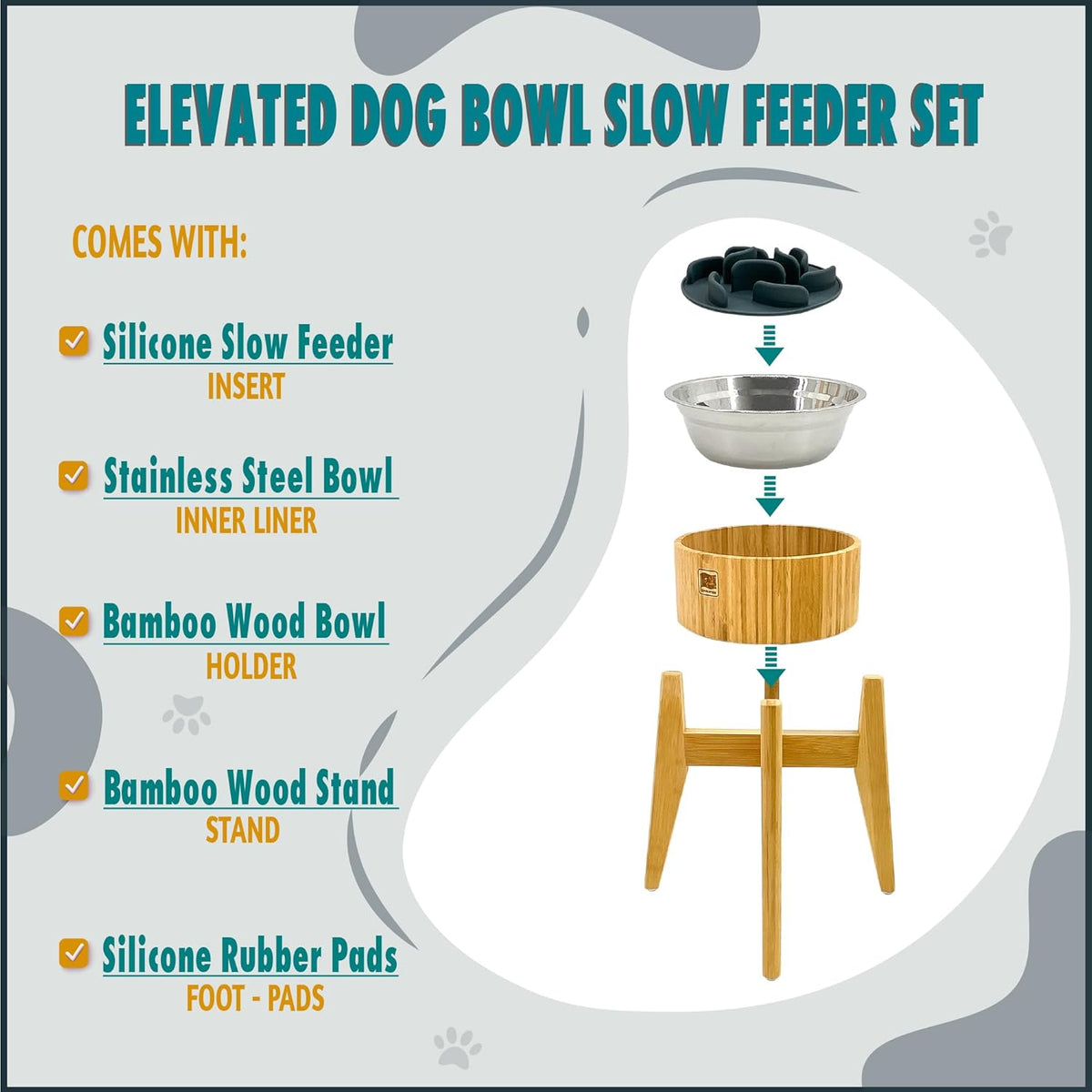 Slow Feeder Dog Bowls for Large Breed - Elevated, Raised 12-inch High - Bamboo Bowl with [60-oz