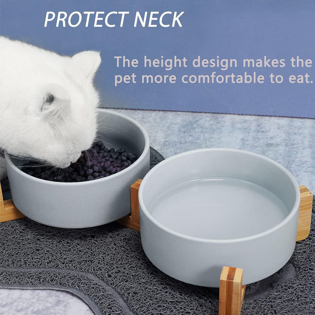 Petygooing Dog Bowls,Grey Ceramic Cat Dog Bowl Set with Wood Stand for Food and Water,Non-Slip Cute